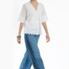Bluza kimono albă din batist de bumbac și broderie tridimensională - IIANA