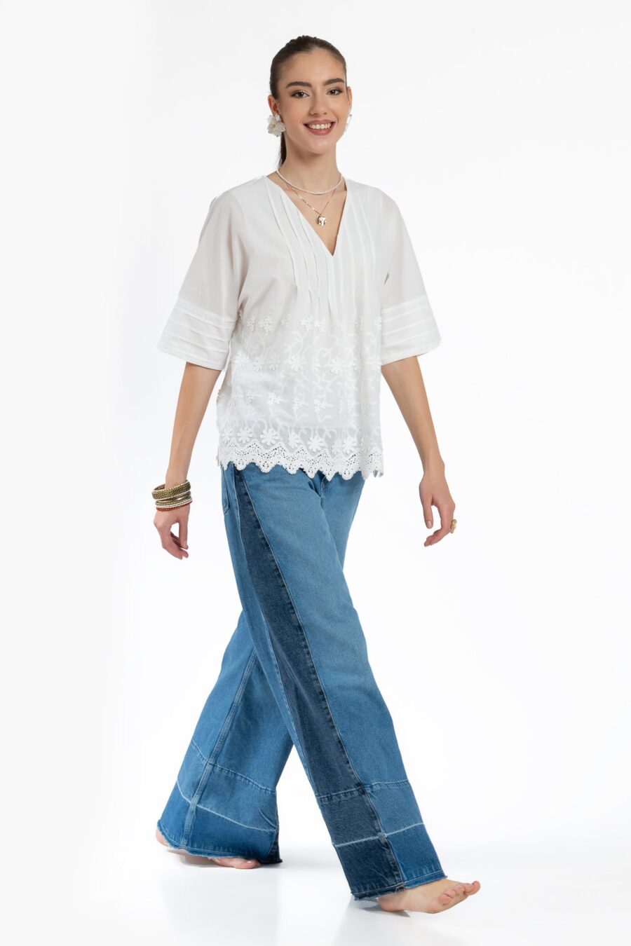 Bluza kimono albă din batist de bumbac și broderie tridimensională - IIANA