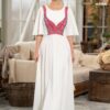 Rochie lungă albă cu pieptar tradițional  țesut roșu - IIANA