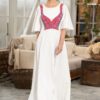 Rochie lungă albă cu pieptar tradițional  țesut roșu - IIANA