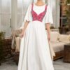 Rochie lungă albă cu pieptar tradițional  țesut roșu - IIANA