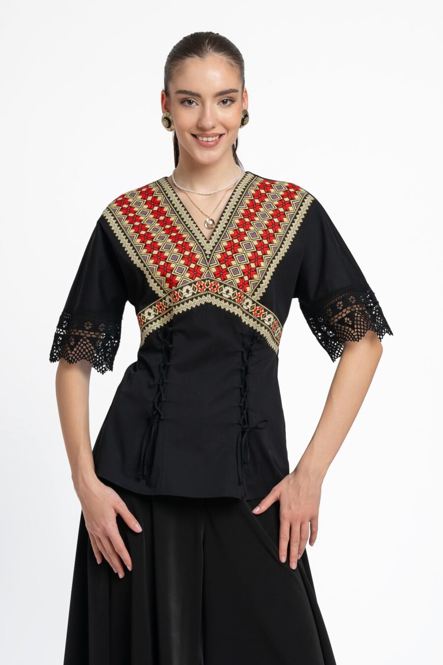 Bluză kimono cu dantelă tradițională și jacquard etnic țesut - IIANA