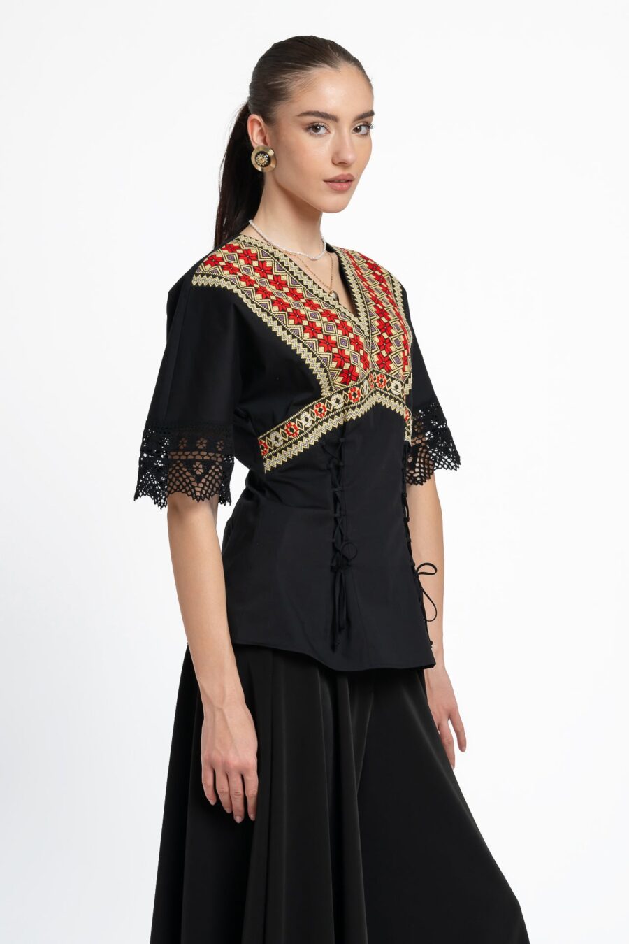 Bluză kimono cu dantelă tradițională și jacquard etnic țesut - IIANA