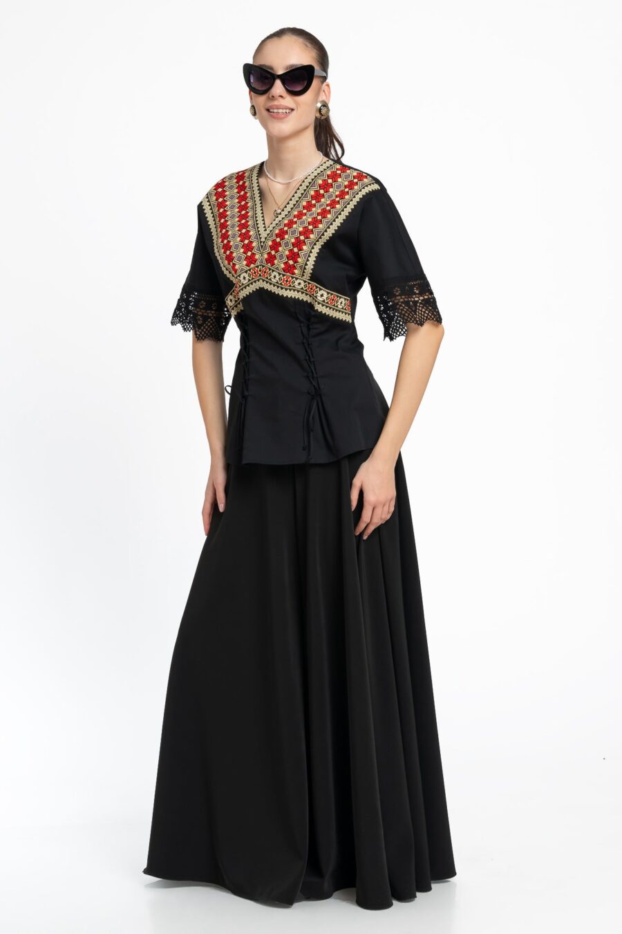 Bluză kimono cu dantelă tradițională și jacquard etnic țesut - IIANA