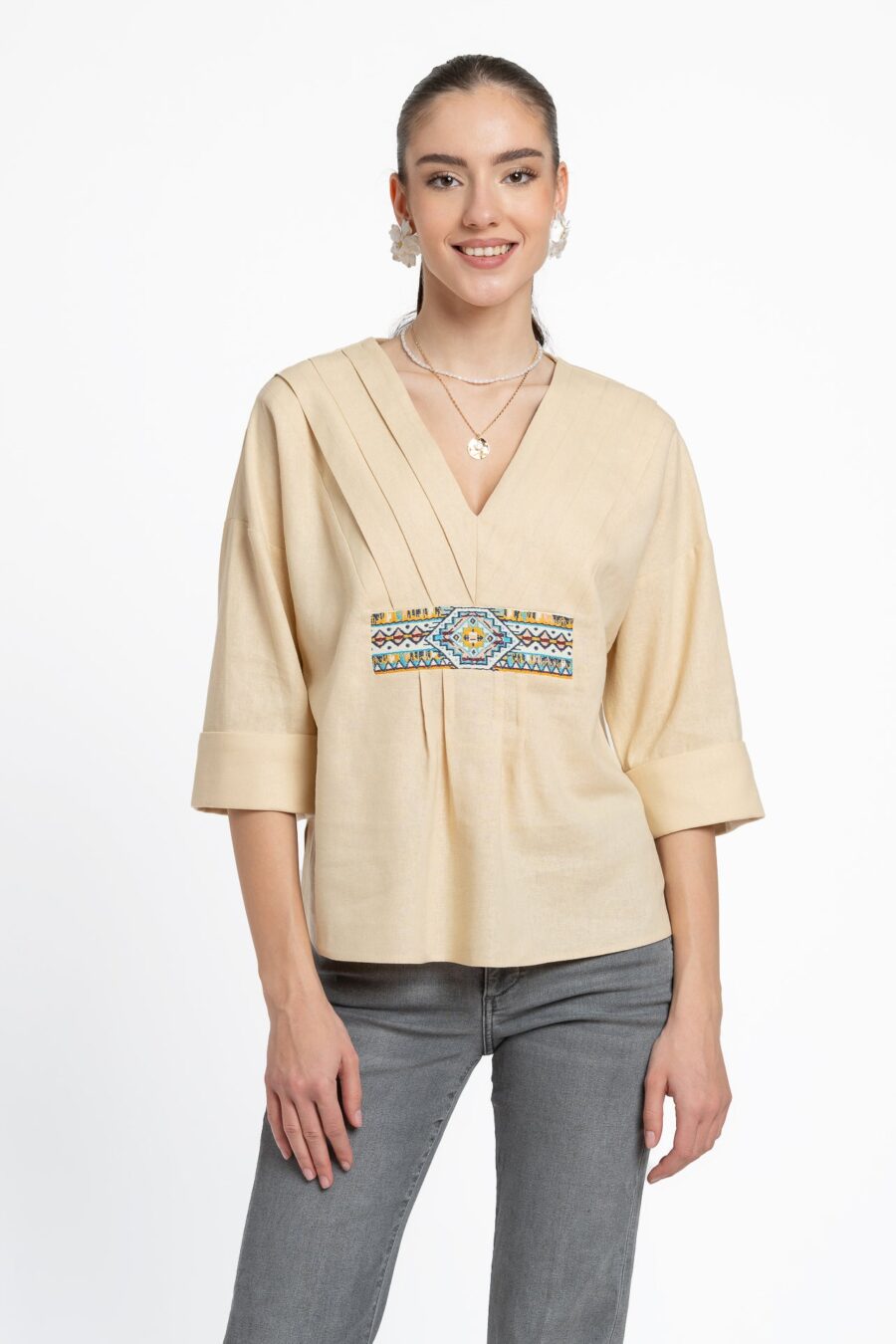 Bluză crem din in și jacquard țesut etnic - IIANA