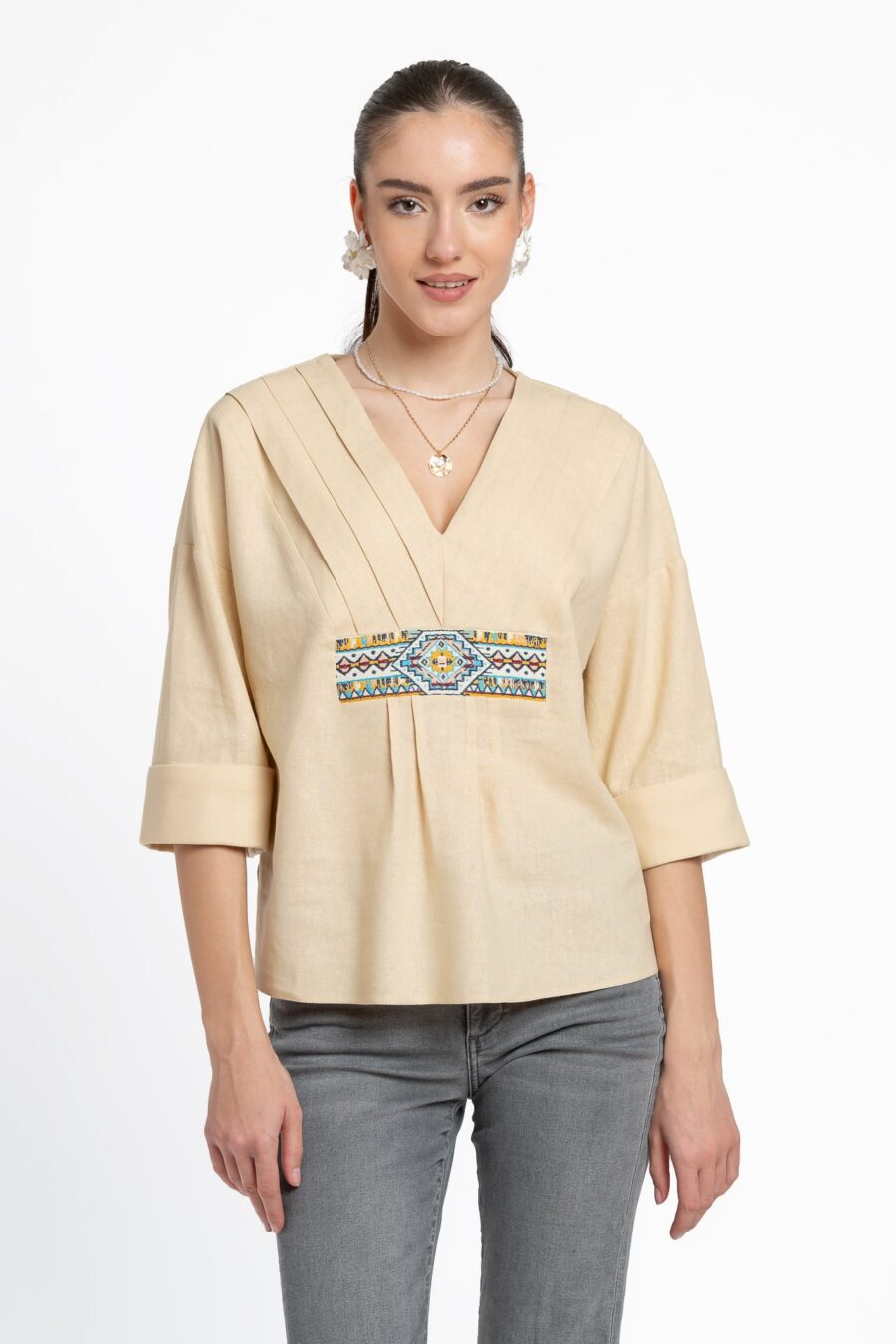 Bluză crem din in și jacquard țesut etnic - IIANA