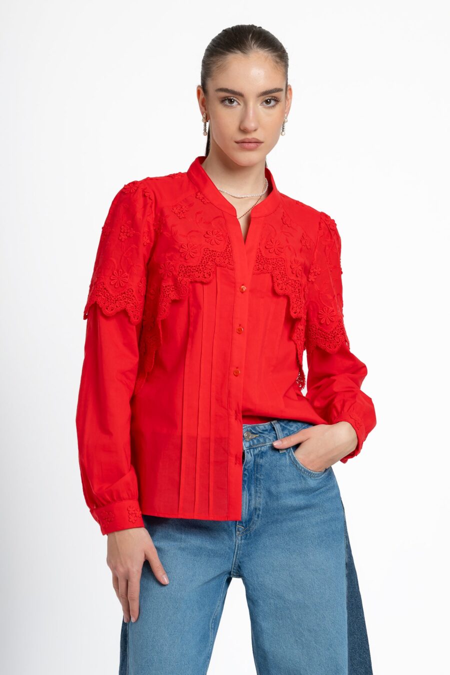 Cămașa roșie din batist de bumbac și broderie tridimensională - IIANA