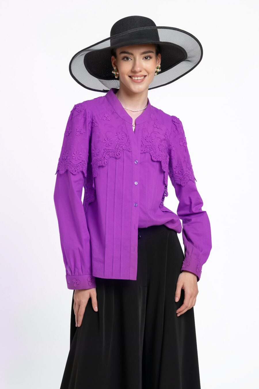 Cămașa violet din batist de bumbac și broderie tridimensională - IIANA