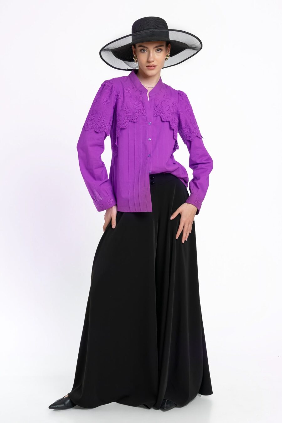 Cămașa violet din batist de bumbac și broderie tridimensională - IIANA