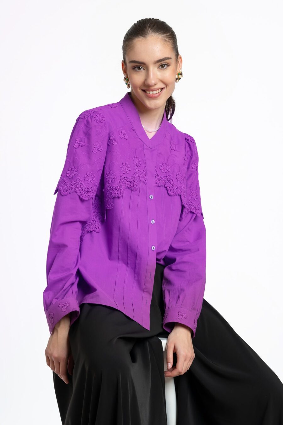 Cămașa violet din batist de bumbac și broderie tridimensională - IIANA