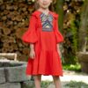 Rochiță pentru fetițe Minodora din pânză topită roșie cu jacquard etnic țesut 4-7 ani - IIANA