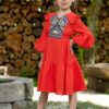Rochiță pentru fetițe Minodora din pânză topită roșie cu jacquard etnic țesut 8-11 ani - IIANA