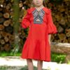 Rochiță pentru fetițe Minodora din pânză topită roșie cu jacquard etnic țesut 8-11 ani - IIANA