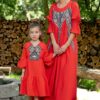 Rochiță pentru fetițe Minodora din pânză topită roșie cu jacquard etnic țesut 8-11 ani - IIANA