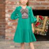 Rochiță de horă pentru fetițe din pânză topită verde cu jacquard etnic țesut 8-11 ani - IIANA