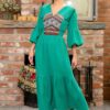 Rochia de horă din pânză topită verde cu jacquard etnic țesut - IIANA