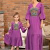 Rochia pentru fetițe lila din pânză de bumbac și jacquard etnic țesut 6-7 ani - IIANA