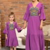 Rochia pentru fetițe lila din pânză de bumbac și jacquard etnic țesut 6-7 ani - IIANA
