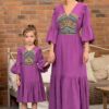 Rochia pentru fetițe lila din pânză de bumbac și jacquard țesut 8-9 ani - IIANA