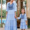 Rochia bleu din pânză topită cu jacquard țesut Alvina - IIANA