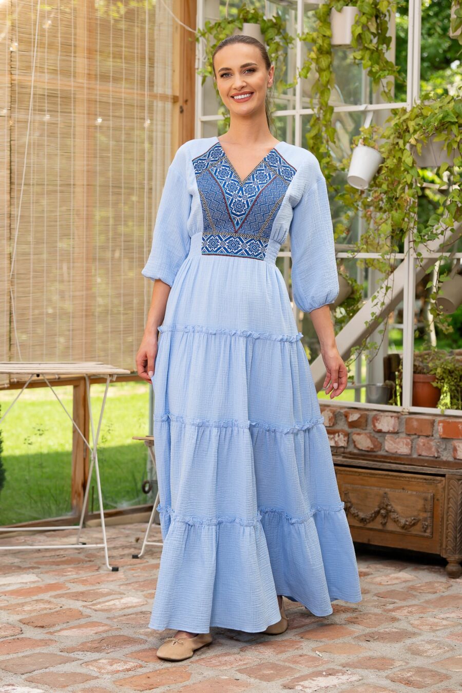 Rochia bleu din pânză topită cu jacquard țesut Alvina - IIANA
