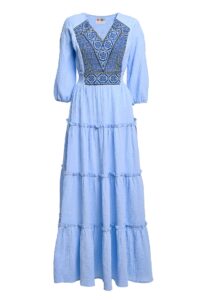 Rochia bleu din pânză topită cu jacquard țesut Alvina