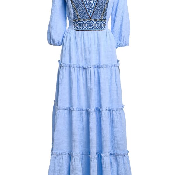 Rochia bleu din pânză topită cu jacquard țesut Alvina - IIANA