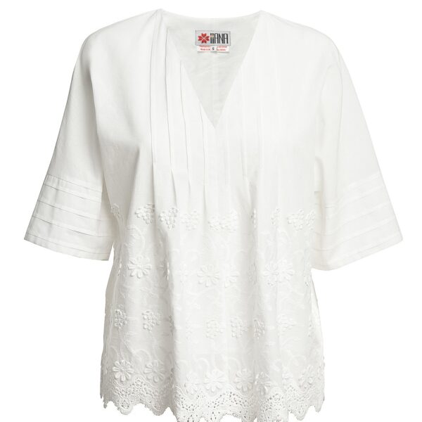 Bluza kimono albă din batist de bumbac și broderie tridimensională - IIANA