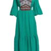 Rochia de horă din pânză topită verde cu jacquard etnic țesut - IIANA