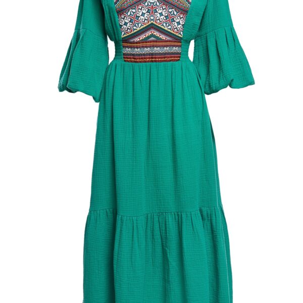 Rochia de horă din pânză topită verde cu jacquard etnic țesut - IIANA