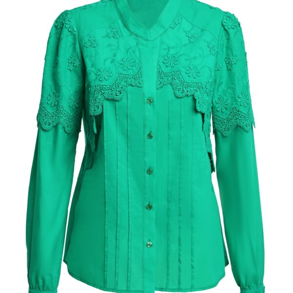 Camașa verde din batist de bumbac și broderie tridimensională - IIANA