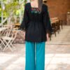 Pantaloni drepți din in turcoaz cu tiv dublu și dungă pe mijloc - IIANA