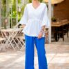Pantaloni drepți din in albastru  cu tiv dublu și dungă pe mijloc - IIANA
