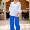 Pantaloni drepți din in albastru  cu tiv dublu și dungă pe mijloc - IIANA