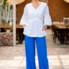Pantaloni drepți din in albastru  cu tiv dublu și dungă pe mijloc - IIANA