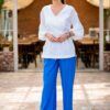 Pantaloni drepți din in albastru  cu tiv dublu și dungă pe mijloc - IIANA
