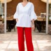 Pantaloni drepți din in roșu cu tiv dublu și dungă pe mijloc - IIANA