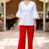 Pantaloni drepți din in roșu cu tiv dublu și dungă pe mijloc - IIANA
