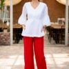 Pantaloni drepți din in roșu cu tiv dublu și dungă pe mijloc - IIANA