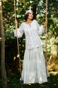 Fusta maxi  din bumbac alb  cu volane bogate stil boho