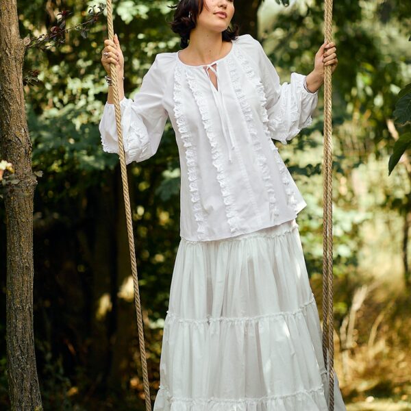 Fusta maxi  din bumbac alb  cu volane bogate stil boho - IIANA