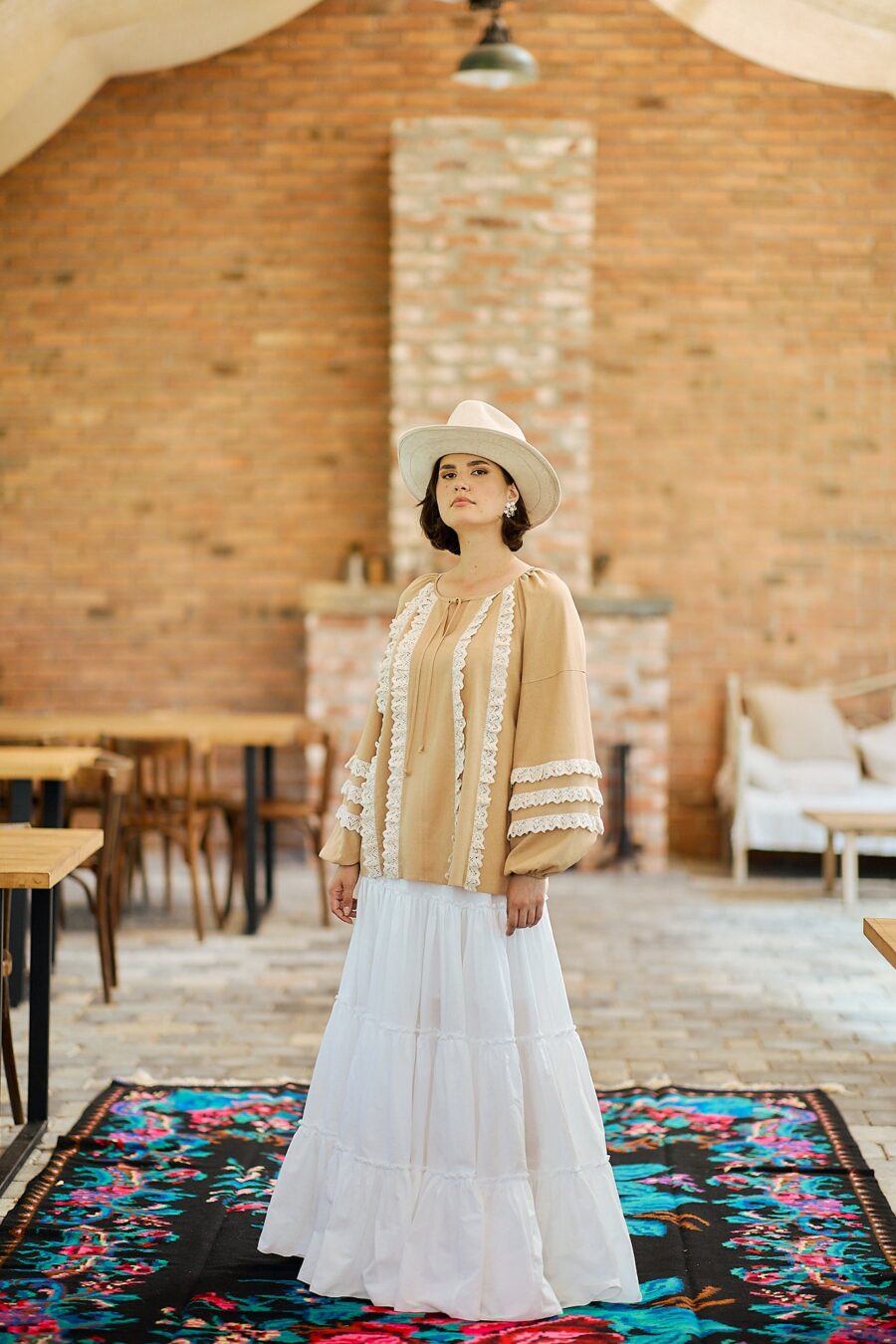 Fusta maxi  din bumbac alb  cu volane bogate stil boho - IIANA