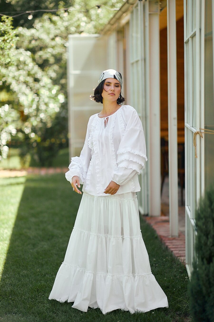 Fusta maxi  din bumbac alb  cu volane bogate stil boho - IIANA