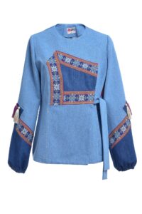 Jacheta din Denim cu Ciucuri de Matase si Jacquard Etnic
