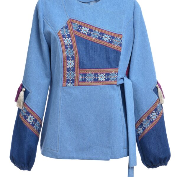 Jacheta din Denim cu Ciucuri de Matase si Jacquard Etnic - IIANA