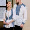 Bluza alba cu pieptar tesut albastru - IIANA