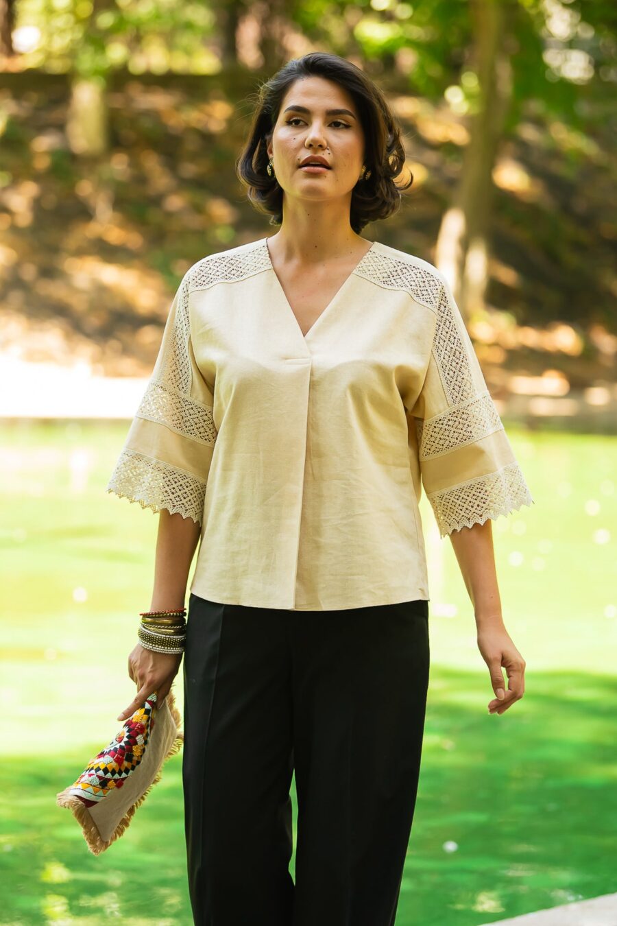 Bluza chimono crem cu dantela traditionala - IIANA