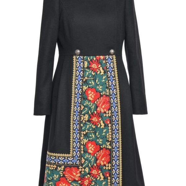 Pardesiu negru din stofa de lana cu fota din jacquard tesut - IIANA