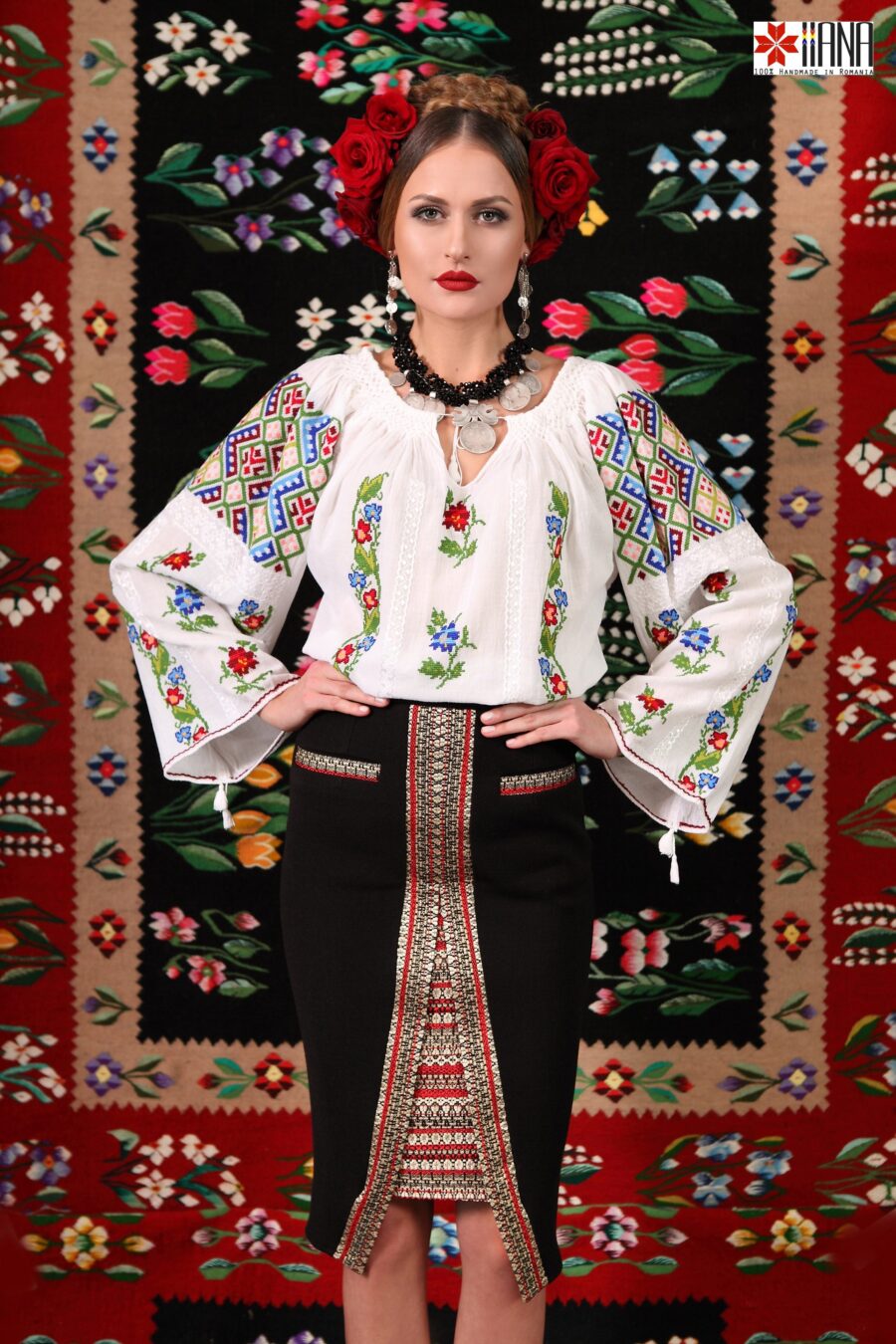 Ie Traditionala Romaneasca Maneca Lunga Motivul Geometric Floral - IIANA