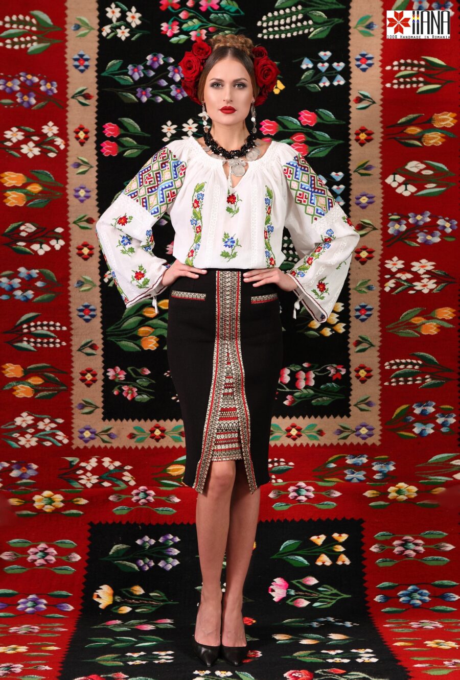 Ie Traditionala Romaneasca Maneca Lunga Motivul Geometric Floral - IIANA